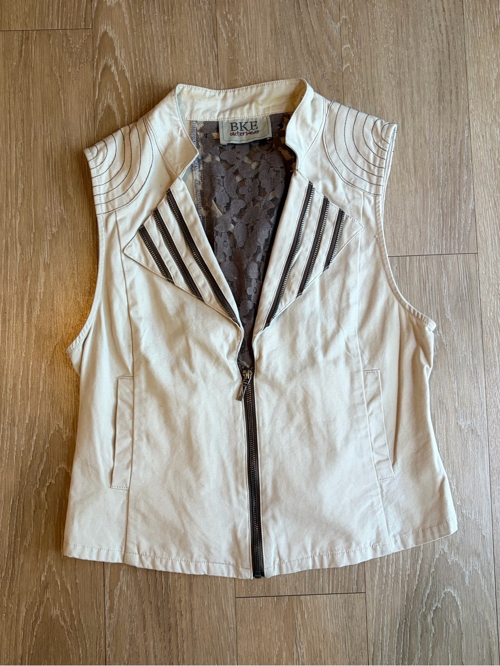 Y2K BKE Cream Sleeveless Moto Vest with Lace Inset